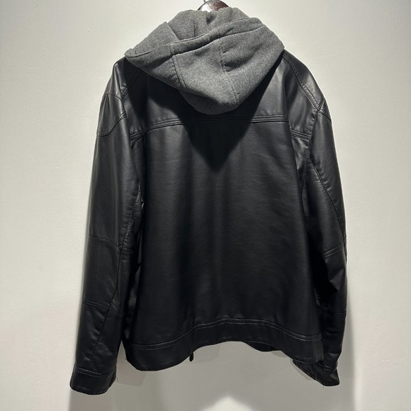 Men's Calvin Klein Black PU Leather Hooded Heavy Thick Motorcycle Style Jacket - Picture 5 of 7